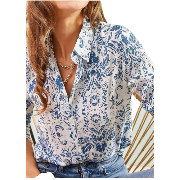 Big Dart Blue & White Patterned Button Down Longsleeve Shirt - Size Large - Picture 1 of 8